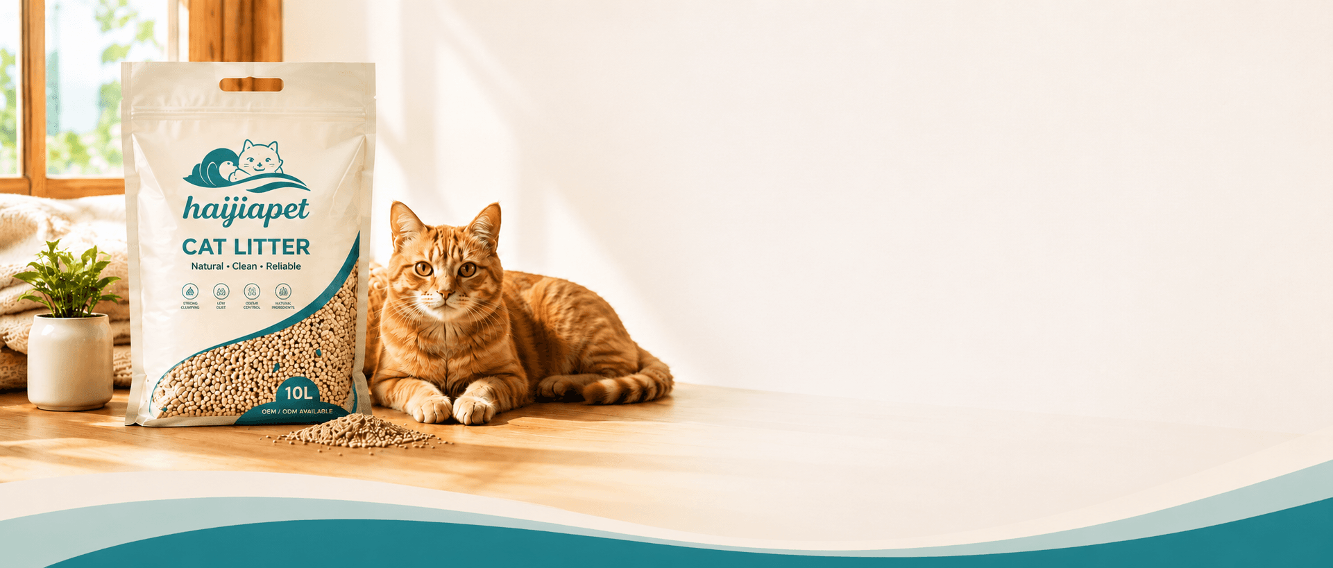 A cat beside Haijia Pet cat litter packaging in a bright indoor setting
